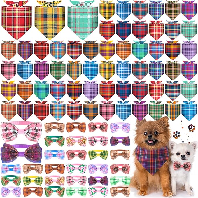 108 Pcs Christmas Adjustable Dog Bandanas Bulks Plaid Striped Bow Ties for Dogs Autumn Buffalo Bowknot Reversible Triangle Scarf Kerchief for Small Large Medium Pet Grooming Outfit Costume
