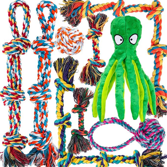 Dog Rope Toys for for Aggressive Chewers, Nearly Indestructible Dog Toys Set With Squeak Octopus for Large/Medium Dogs, Full of Attractiveness, Heavy Duty Natural Cotton Rope Chew Toy,Tug Toy 9 Pack