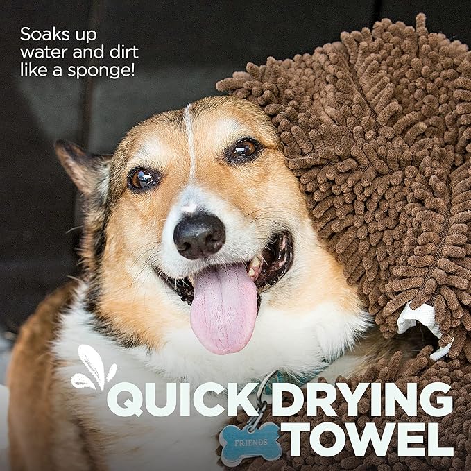 Soggy Doggy Super Shammy Dog Towel - Microfiber Chenille Towel for Drying Dogs and Cleaning Paws - Fast Drying with Hand Pockets for Ease (Dark Chocolate/Oatmeal Trim, 31” x 14”)
