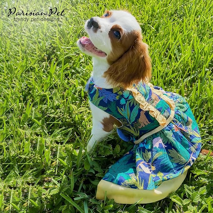 Parisian Pet Amazonia Dress - Leafy Summer Clothes for Dogs - Magic Strap Closure Beach Outfit - Lightweight Dressy Outfit - Dresses for Medium Dogs Girl M