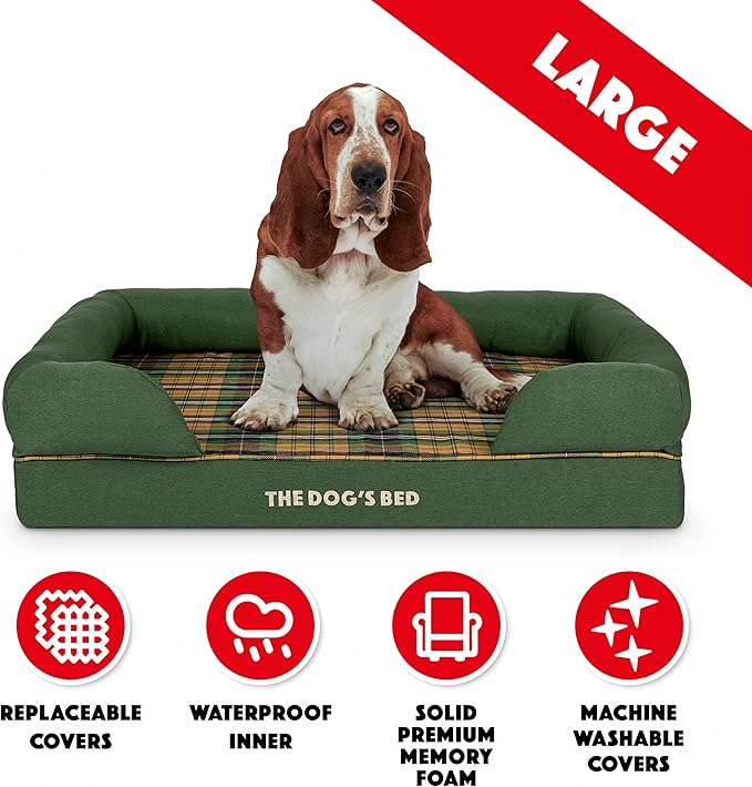 The Dog’s Bed, Large Green Tartan, Memory Foam, Pain Relief: Arthritis, Hip & Elbow Dysplasia, Post Surgery, Lameness, Supportive, Calming, Waterproof Washable Cover