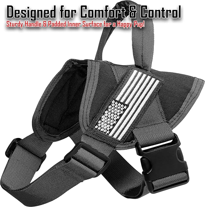 Service Dog Harness with Handle – No-Pull Tactical Dog Vest for Large Dogs, Military Style Heavy-Duty Tactical Dog Harness with Cushioned Soft Underpad That Doesn’t Collect Dog Hair; Black (L)