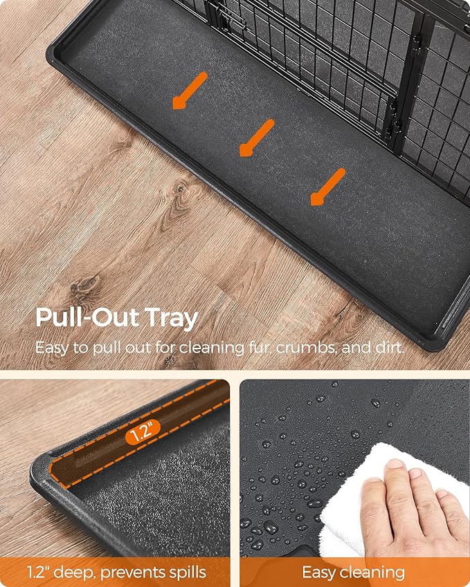 Feandrea 42.1 Inch Heavy Duty Dog Crate, Metal Escape Proof Kennel with Double Doors and Convenient Feeding Door, Removable Tray, Easy to Clean, XL Pet Crate for Large and Medium Dogs, Black