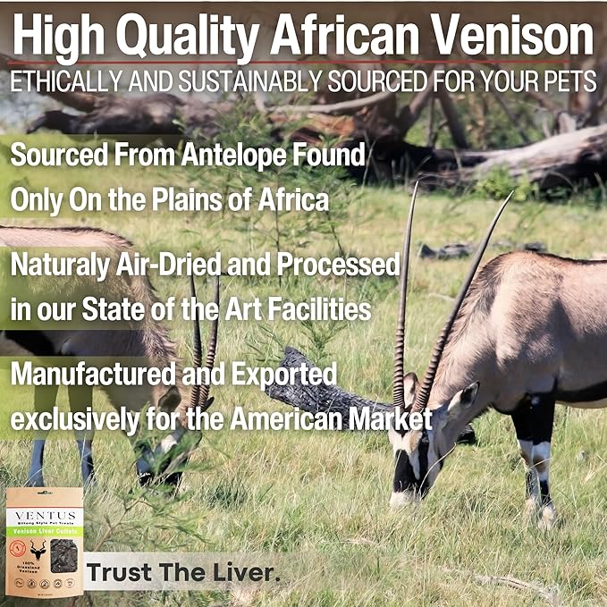VENTUS Dog Training Treats - Single Ingredient Venison Jerky Liver Treats, All Natural, Air Dried, Low Fat, High Value Training Treats for Dogs, Organic, 8 oz