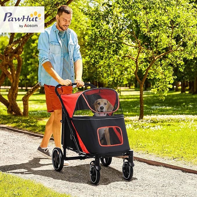 PawHut Dog Stroller for Large Medium Small Dogs up to 66 Lbs. 23.5" in Body Length, One-Click Foldable Pet Cat Stroller with Storage, Shock Absorption Wheels, Mesh Window, Safety Leash, Red