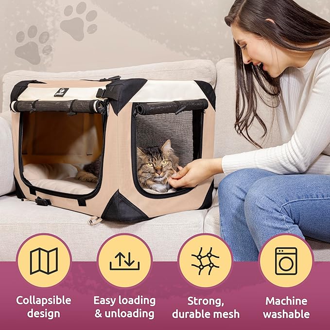 Soft-Sided Cat & Dog Pet Carrier, Large 24"x16"x16", Fits Large Cat, 2 Cats, or Medium Dog Comfortably, Great for Travel & Vet Visits, Privacy Windows, Removable Bed, Locking Zippers, Folds Flat