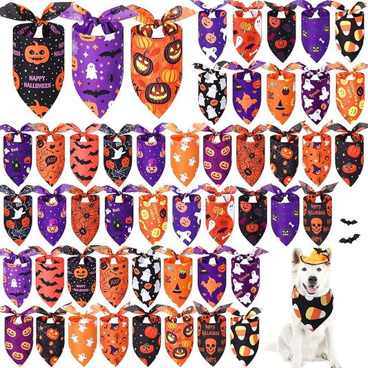 Abbylike 50 Pcs Halloween Dog Bandanas Bulk Pumpkin Bandanas for Dogs Triangle Kerchief Bibs Scarf Set for Pet Halloween Costume Photo Props Accessories Pet Shops, 25 Styles (31.5 x 21.7 x 21.7")