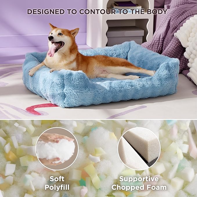 LE SURE Fluffy Dog Beds for Large Dogs - Orthopedic Rectangle Calming Pet Bed,Plush Bubble Bolster Pet Sofa with Removable Washable Cover and Nonskid Bottom,36x27x8inches,Blue