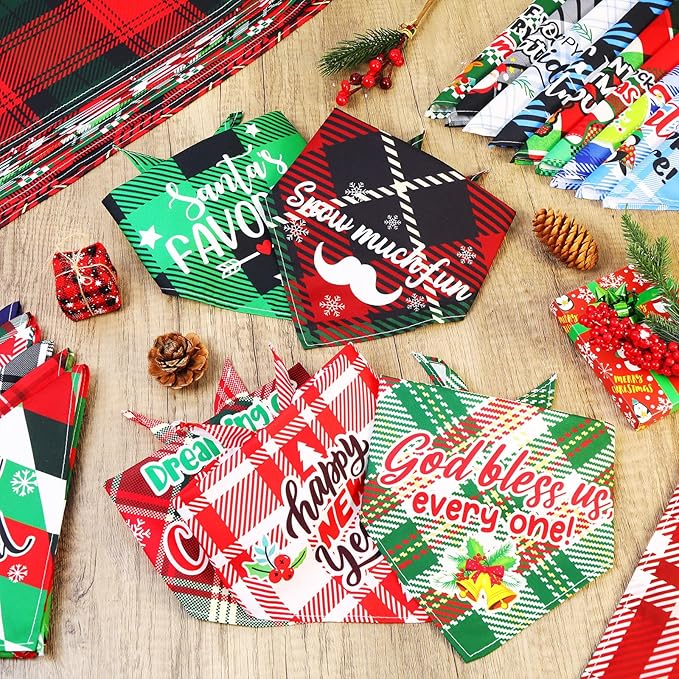 Preboun 200 Pcs Christmas Plaid Dog Bandanas Bulk Dog Holiday Scarf Bibs Puppy Bandanas Adjustable Washable Kerchief Pet Costume Accessories Grooming Supplies for Small to Medium Cats Dogs