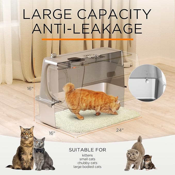 Citylife Stainless Steel Cat Litter Box with Lid，XL Extra Large Enclosed Removable Metal Litter Box with Litter Scoop&Double Layer Litter Mat,Non-Sticky，Non-Odor,Easy Cleaning, for Big Cats，Grey
