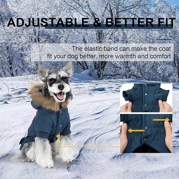PINA Small Dog Coats - Waterproof, Warm Winter Jacket with Faux Fur Hood, Reflective, Flannel Lined, Windproof, Pocket