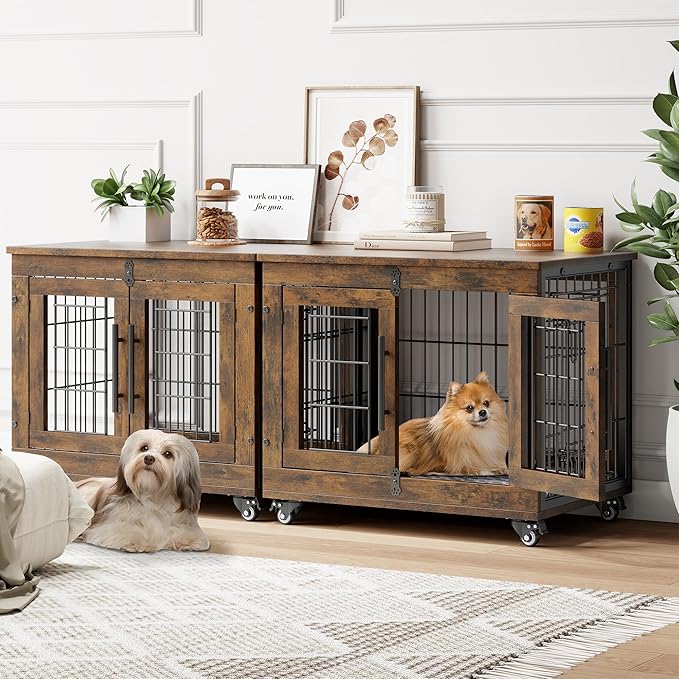 Dog Crate Furniture with Cushion Set of 2, Wooden Dog Kennel Indoor with Double Doors, Dog Cage with Wheels, Dog House Side End Table for Small Dogs up to 30 lb, 27.2" L, Rustic Brown