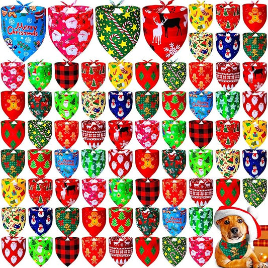 100 Pcs Christmas Dog Bandanas Bulk Xmas Dog Bandanas Adjustable Santa Claus Gingerbread Man Deer Pattern Pet Bibs Triangle Scarf Christmas Holiday Costume for Small Medium Pet Puppy