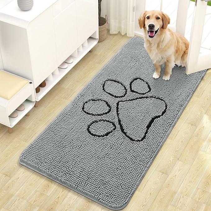 OLANLY Dog Door Mat for Muddy Paws 47x24, Paw Print Design, Absorbs Moisture and Dirt, Absorbent Non-Slip Washable Doormat, Quick Dry Chenille Mud Mat for Dogs, Entry Indoor Entryway Carpet, Grey