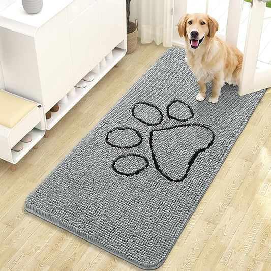OLANLY Dog Door Mat for Muddy Paws 47x24, Paw Print Design, Absorbs Moisture and Dirt, Absorbent Non-Slip Washable Doormat, Quick Dry Chenille Mud Mat for Dogs, Entry Indoor Entryway Carpet, Grey