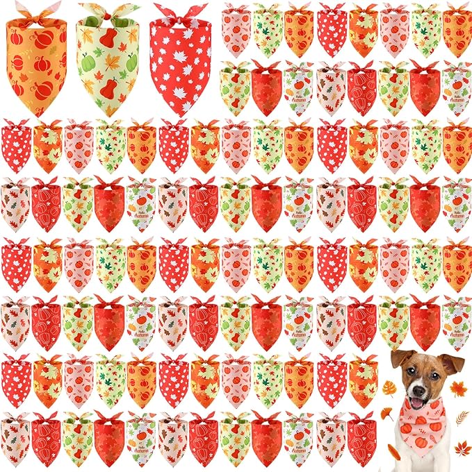 100 Pieces Thanksgiving Fall Dog Bandanas Bulk Maple Leaves Autumn Dogs Bandanas Soft Doggie Bibs Adjustable Triangle Scarves with Pumpkin Patterns for Small Medium Large Pet Costume