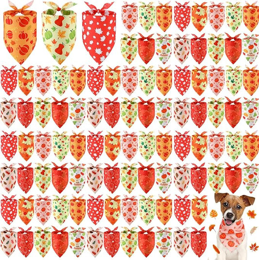 100 Pieces Thanksgiving Fall Dog Bandanas Bulk Maple Leaves Autumn Dogs Bandanas Soft Doggie Bibs Adjustable Triangle Scarves with Pumpkin Patterns for Small Medium Large Pet Costume