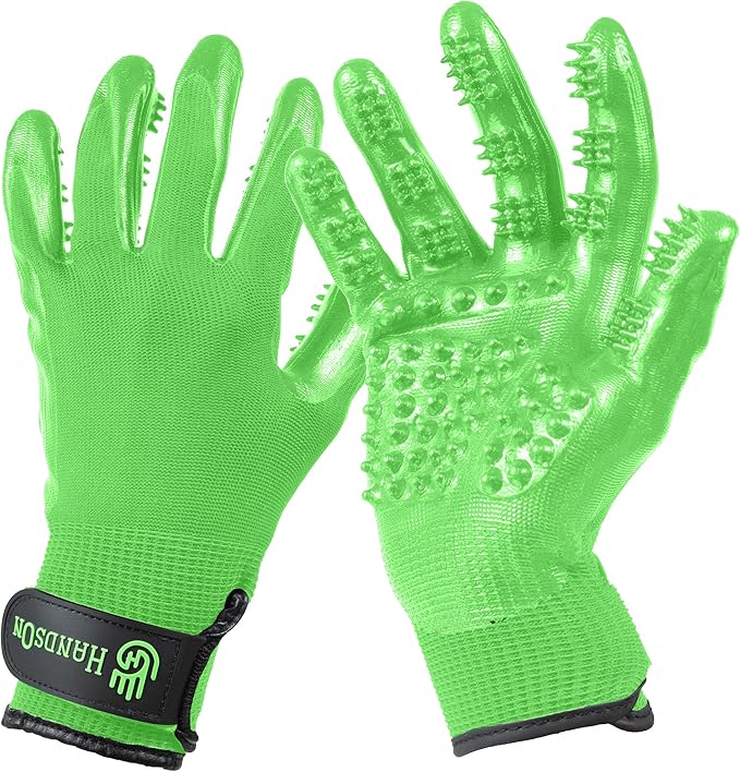 HandsOn Pet Grooming Gloves - #1 Ranked, Award Winning Shedding, Bathing, & Hair Remover Gloves for Cats, Dogs, and Horses (Green / Black, Medium)