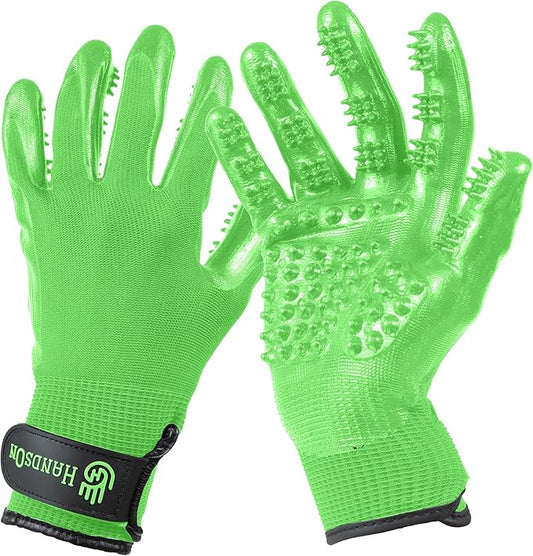 HandsOn Pet Grooming Gloves - #1 Ranked, Award Winning Shedding, Bathing, & Hair Remover Gloves for Cats, Dogs, and Horses (Green / Black, Medium)