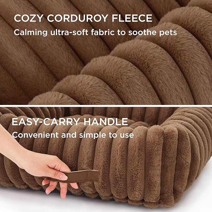 Bedsure Cute Dog Bed for Small Dogs & Cats - Washable Furry Puppy Beds, Rectangle Orthopedic Corduroy Fleece Pet Beds with Removable Zipper Cover, 20x19x6inches, Camel Brown