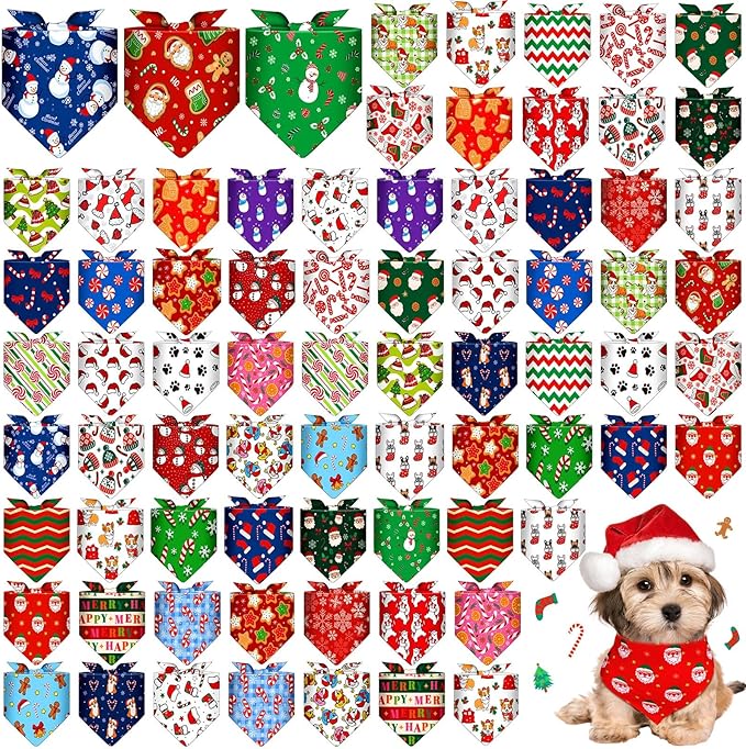72 Pcs Dog Bandanas Bulk Triangle Scarf Cat Bibs Puppy Scarf Pet Bandanas for Puppy Cat Birthday Party Costume(Christmas)