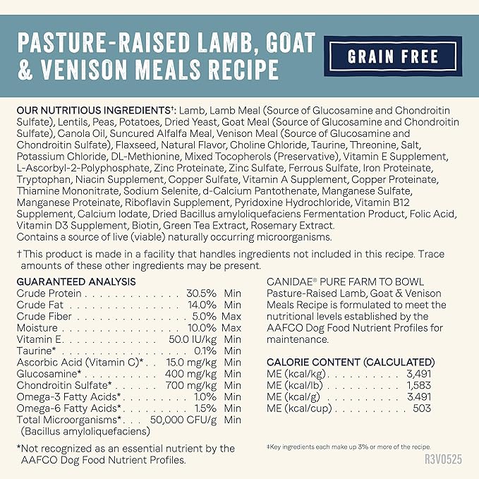 Canidae Pure Farm to Bowl Pasture-Raised Lamb with Goat & Venison Meals, Adult, Grain-Free Dry Dog Food, 22lb