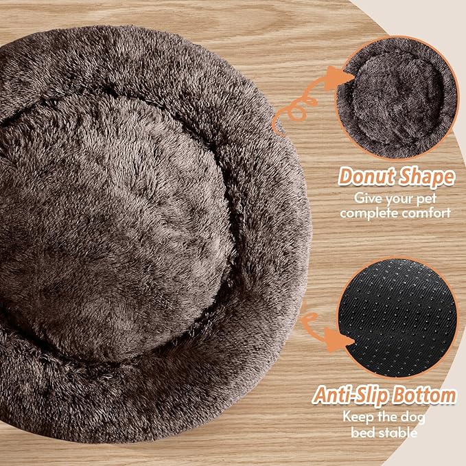 JOLLYVOGUE Calming Dog & Cat Bed for Large Dogs, Anti-Anxiety Donut Cuddler Cozy Soft Round Bed with Anti-Slip Bottom, Fluffy Faux Fur Plush Cushion Beds for Medium Dogs (36")