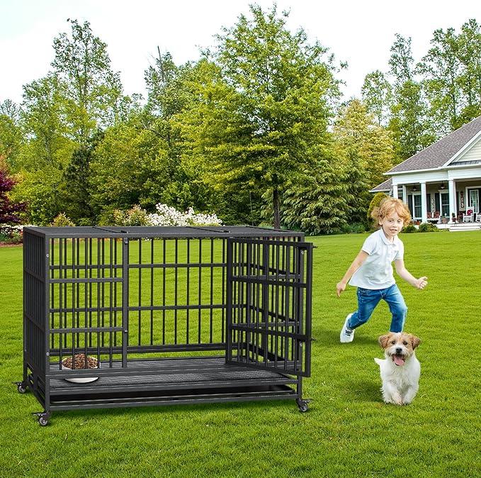 48 in Heavy Duty Dog Crate, Foldable Indoor Dog Cage with Double Door, 360° Lockable Wheels and Removable Tray, Easy to Clean and Assembly，for Small Medium Large Dogs
