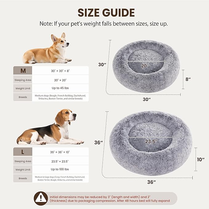 Calming Dog Bed - Donut Washable Medium Size Round Pet Bed for Dogs and Cats, 30 inches Anti-Slip Fluffy Faux Fur Plush Cat Bed, Anti-Anxiety Cushion with Anti-Slip Bottom