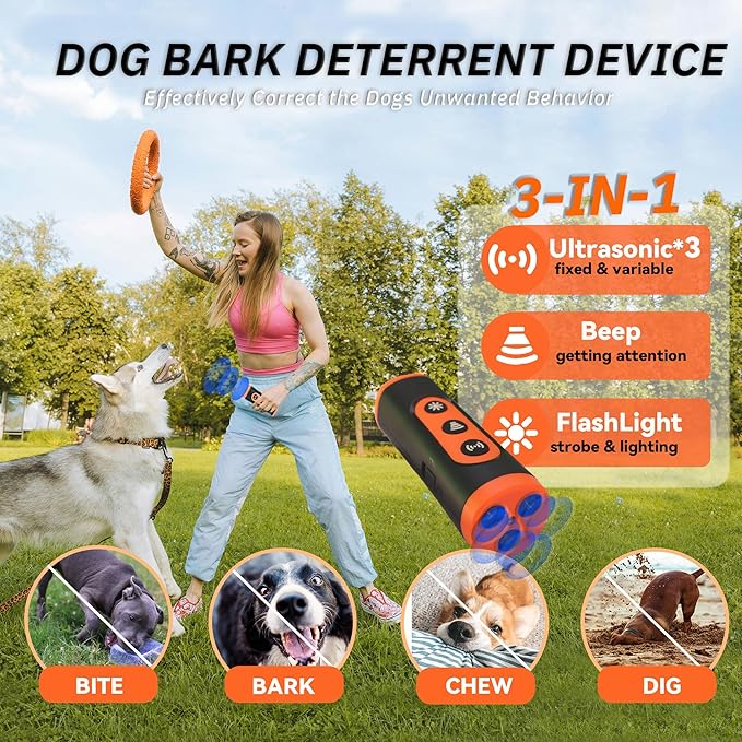 Dog Bark Deterrent Devices, Anti Barking Device for Dogs, 2025 Ultrasonic Upgraded 3 in 1 Dog Bark Deterrent, Sonic Trainer to Correct Dog's Bad Behavior for Outdoors Indoor Safely (Rechargeable)