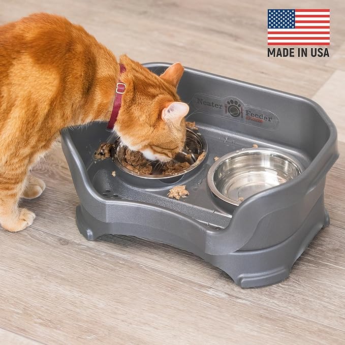 Neater Feeder Deluxe Mess Proof Cat Bowls Elevated for All Breeds – Made in USA – No Spill Raised Bowls for Indoor Cats – Stainless Steel Food and Water Bowl Set, Pet Dish Feeding Station, Grey