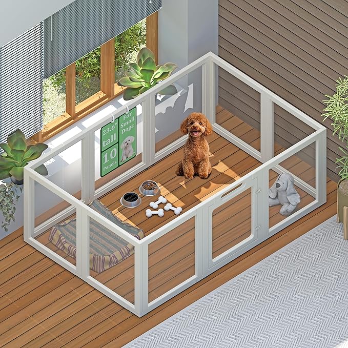 Transparent Indoor Dog Playpen with Safety Lock, Indoor Dog Fence for Small & Medium Pets | Secure, Stylish, Easy Clean Play Pen for Dogs & Pets with Scratch Resistant Panels (White, 10 Panel)
