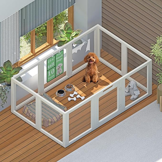 Transparent Indoor Dog Playpen with Safety Lock, Indoor Dog Fence for Small & Medium Pets | Secure, Stylish, Easy Clean Play Pen for Dogs & Pets with Scratch Resistant Panels (White, 10 Panel)