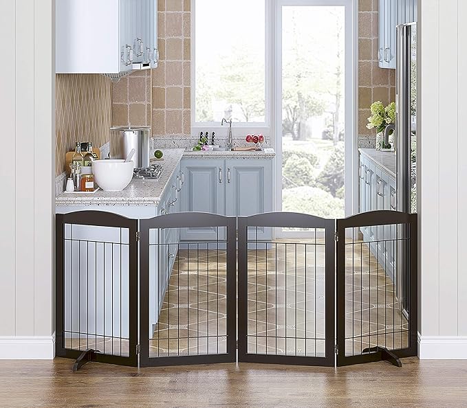 Spirich Freestanding Wire Pet Gate for Dogs, 30 inches Tall Dog Gate for The Houes, Doorway, Stairs, Pet Puppy Safety Fence,Set of Support Feet Included (Espresso, 4 Panels) ASIN: B07T8Z8NKL