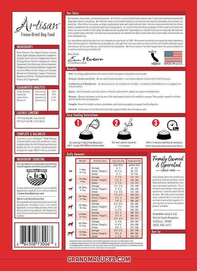 Grandma Lucy's Artisan Dog Food, Grain Free and Freeze-Dried - Artisan Pork, 10Lb Bag