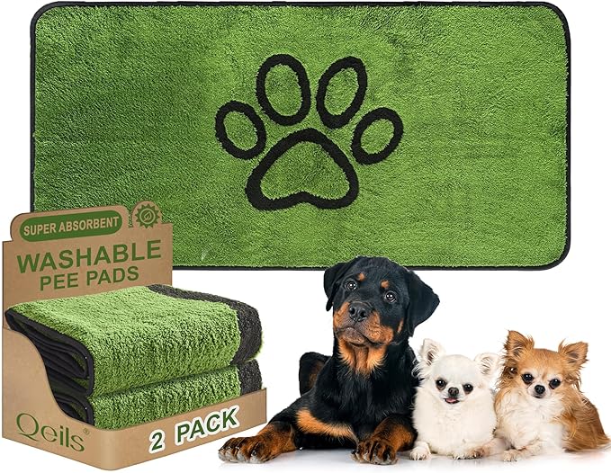 Qeils Reusable Dog Pee Pads, 2 Pack Super Absorbent & Leakproof Washable Puppy Pads with Soft Green Top Layer, for Potty Training, Crates, Couch, Car Seats & Pet Beds, 24"x 48"