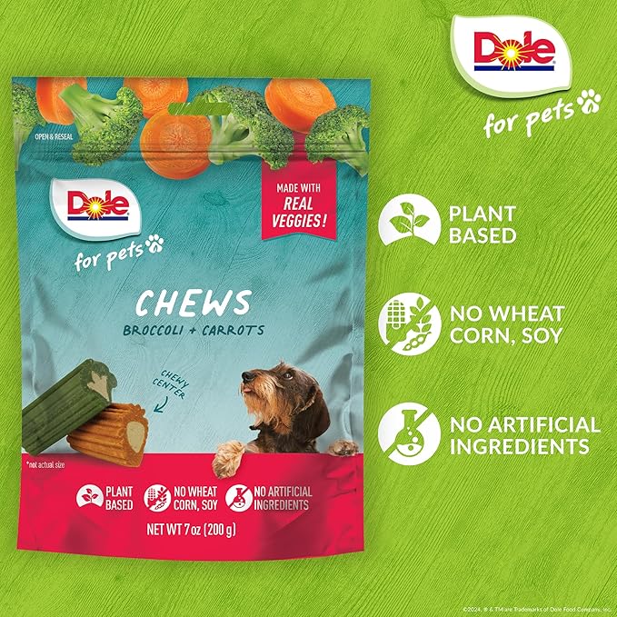 Dole for Pets Freshly Fetched Dog Chews, Assorted Broccoli & Carrot Flavor Treats - Flavored with Real Veggies, No Wheat, Corn, Soy, Artificial Flavors, Colors, or Preservatives, 7 Oz
