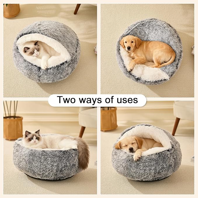 MADDEMCUTE Calming Dog & Cat Cave Bed With Hooded Cover, Removable Washable Round for Small Medium Pets, Anti-Slip Faux Fur Fluffy Coved for Improved Sleep, Fits up to 15/25 lbs (Grey, S)