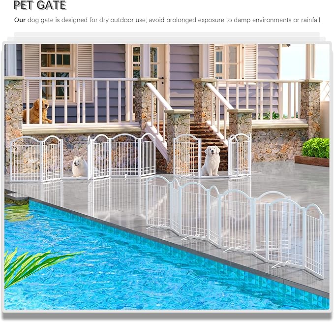 4NM Metal No Drilling Expandable Dog Gate, Extra Wide 144", Extra Tall 32" Free Standing Pet Gate with Door, Gates for Dogs Outdoor or Indoor, with 4PCS Support - White