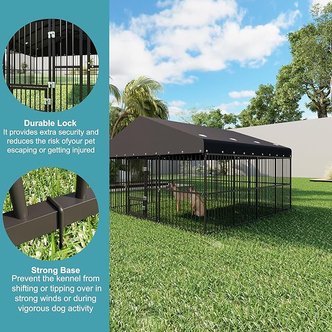10x10x6 FT Outdoor Dog Kennel, Dog Enclosures Fence with UV-Resistant Waterproof Roof Cover and Triple Locks, Heavy Duty Metal Dog Houses for Large Dogs Outside (118" W x 119" D x 78" H)