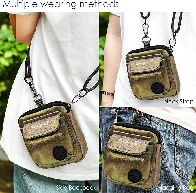 Dog Treat Pouch for Pet Walking and Training with Clicker Poop Bags and Double Bag Design Small Fanny Zipper Pack Holder for Puppy Snack Dispenser Kit for Leash and Outdoor Use (NM-Bronze