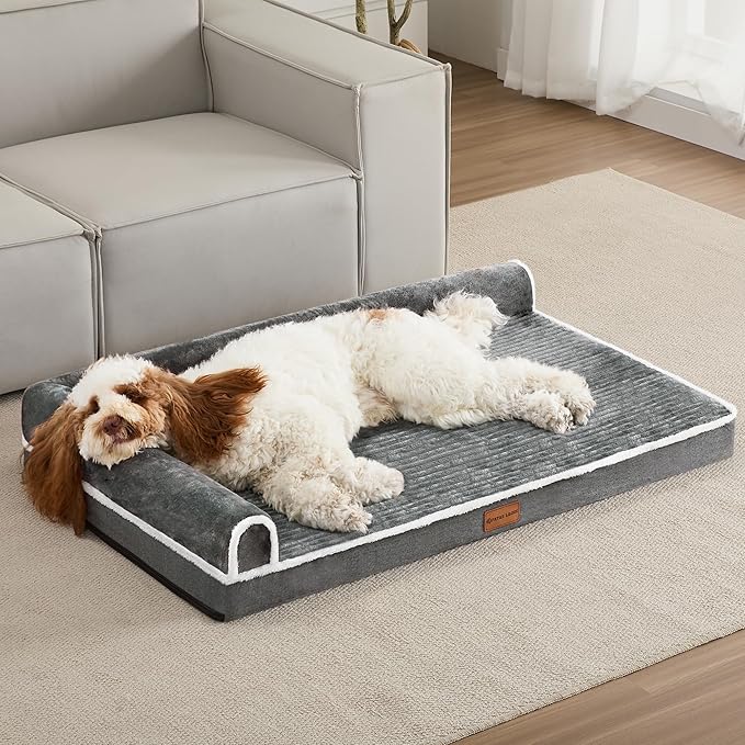 Patas Lague Orthopedic XL Dog Bed Large Sized Dog 48''X30'', Waterproof Comfortable L Bolster Big Extra Large Non-Slip Soft Warm Pet Crate Bed Sleep Sofa mat with Removable Washable Cover, Grey