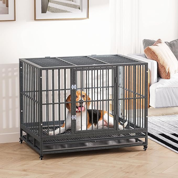 PawHut 43" Heavy Duty Dog Crate Metal Cage Kennel with Lockable Wheels, Double Door and Removable Tray, Gray