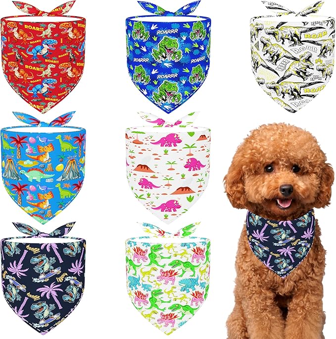 7 PCS Dinosaurs Dog Bandanas for Small Dogs Stitching Edge Dog Bandanas for Puppy Doggy Print One Side Scarves Party Grooming S