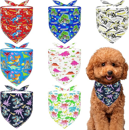 7 PCS Dinosaurs Dog Bandanas for Small Dogs Stitching Edge Dog Bandanas for Puppy Doggy Print One Side Scarves Party Grooming S
