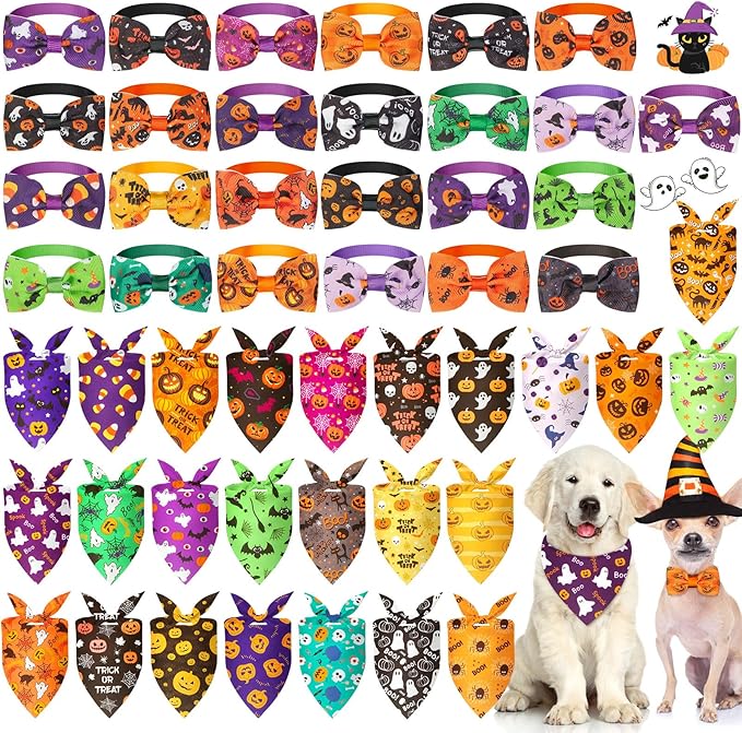 Sanwuta 50 Pcs Halloween Dog Bandanas and Collar Bow Ties Set 25 Bandanas Bulk 25 Charm Dog Collar Pet Pumpkin Triangle Pet Scarf Bowtie for Small Medium Large
