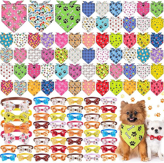 108 Pcs Dog Bandanas Bulks Bone Paw Adjustable Bow Ties for Dogs Washable Bowknot Reversible Triangle Scarf Kerchief for Large Small Medium Pet Cat Holiday Grooming Outfit