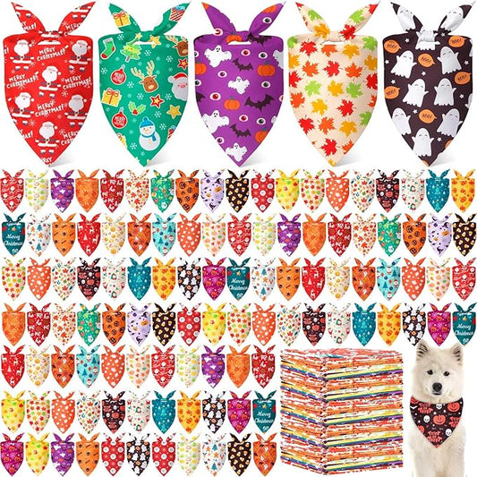 Chunful 120 Pcs Holiday Dog Bandanas Bulk for Fall Thanksgiving Halloween Christmas with Maple Leaf Pumpkin Ghost Snowman Adjustable Triangle Pet Scarf for Small Medium Large (25.6x17.7x17.7 in)