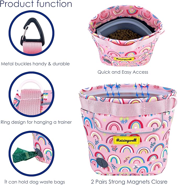 Dog Treat Pouch for Pet Walking and Training with Clicker 2 Cup Silicone Bag Small Fanny Pack Holder for Puppy Snack Dispenser Kit for Leash and Outdoor Use (Rainbow)