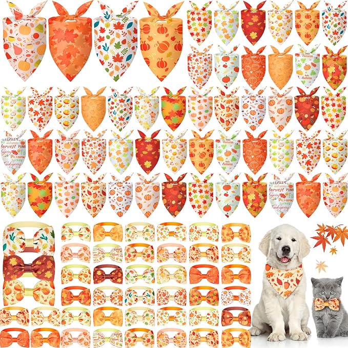 Sanwuta 100 Pcs Thanksgiving Fall Dog Bandanas Bulk and Collar Bow Ties Set 50 Autumn Bandanas 50 Fall Dog Collar Pet Maple Leaves Pumpkin Triangle Pet Scarf Bowtie for Small Medium Large Costume